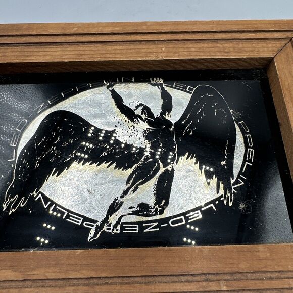 Vintage Led Zeppelin Carnival Prize Glass Mirror Man Cave Barware Wood Frame - Picture 5 of 5